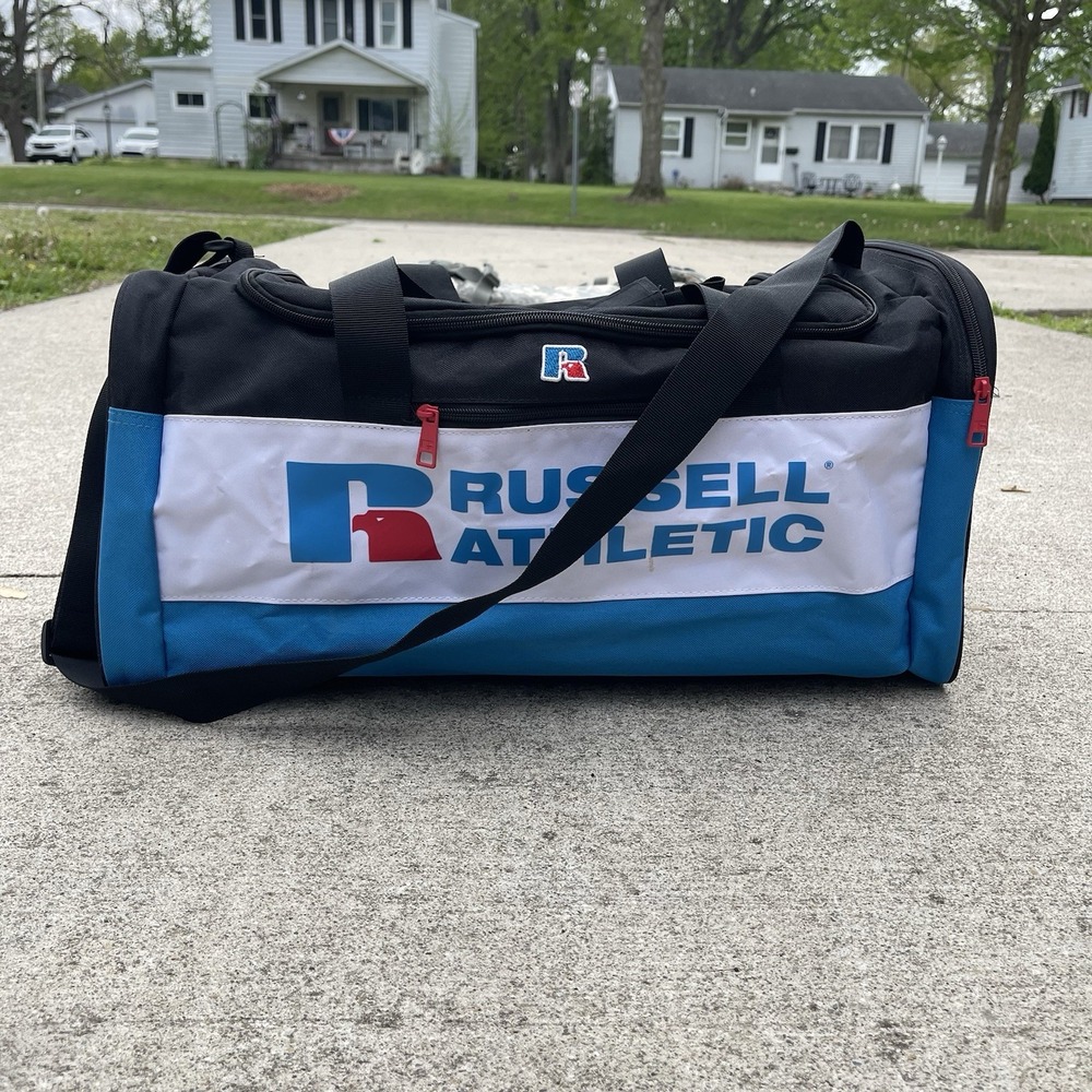 Russell Athletic Duffle Bag Used Black Blue White Gym Travel Shoulder Strap